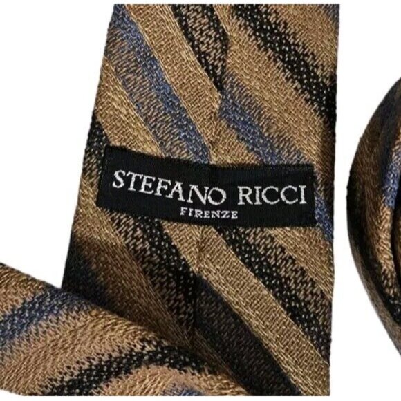 STEFANO RICCI Men's Silk Blend Necktie LUXURY Tie Beige Striped W:3.1" EUC - Picture 2 of 5